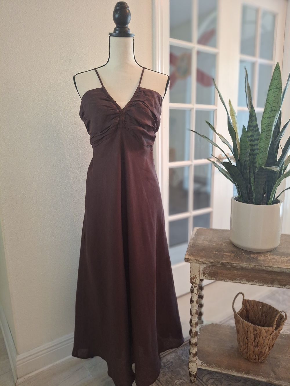 Linen Ever New Deep Brown Midi Slip Dress with Spaghetti Straps